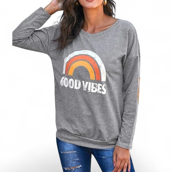Zutter Heather Gray Terry Long Sleeve "GOOD VIBES" Sweatshirt, size L - Picture 5 of 5